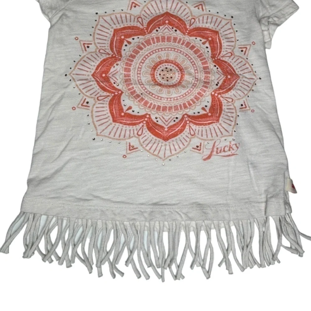Lucky Brand Girls Top Size S‎ Short Sleeve Mandala Graphic Fringe Hem Tee Shirt